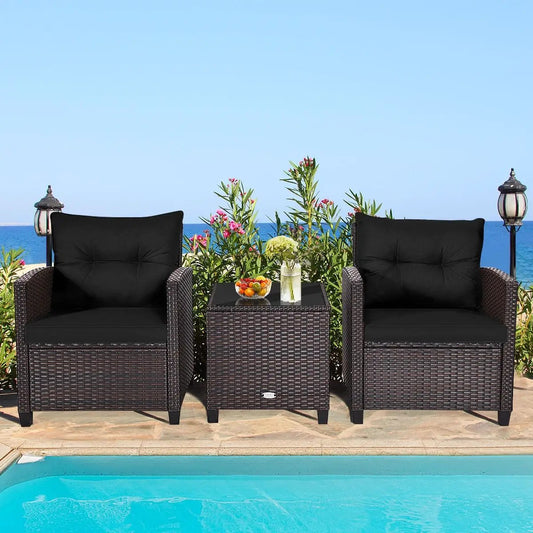 3 Pcs Patio Rattan Furniture Set Cushioned Conversation Set Coffee Table -Black - Tampa Home & Garden Store