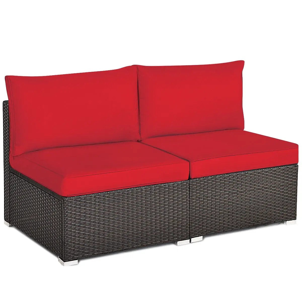 2-Piece patio rattan armless sofa set with red cushions and dark brown wicker frame on Tampa Home & Garden Store
