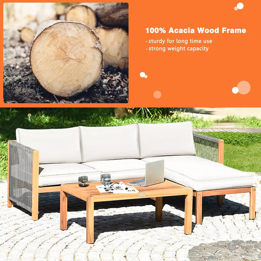 3 Pieces Patio Acacia Wood Sofa Furniture Set with Nylon Rope Armrest-White - Tampa Home & Garden Store