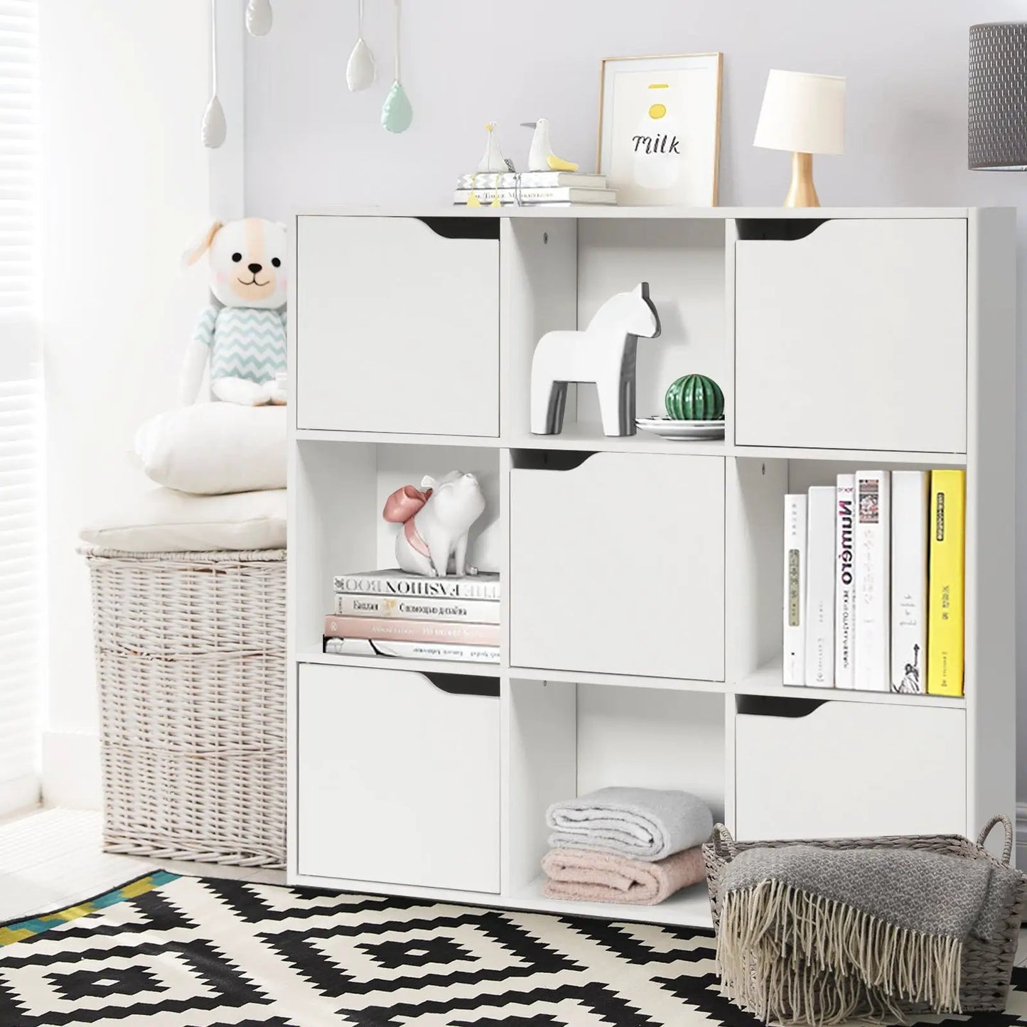 9-Cube Wooden Bookcase DirectDeals, white freestanding unit with curved-door panels on Tampa Home & Garden Store