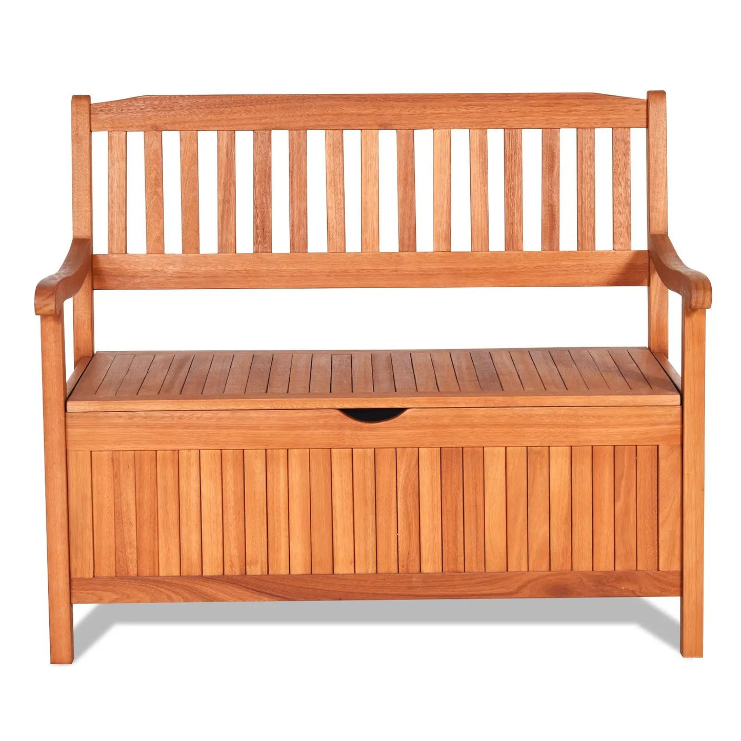 Wooden storage bench 33 gallon with slatted back and drawer in natural wood finish on Tampa Home & Garden Store