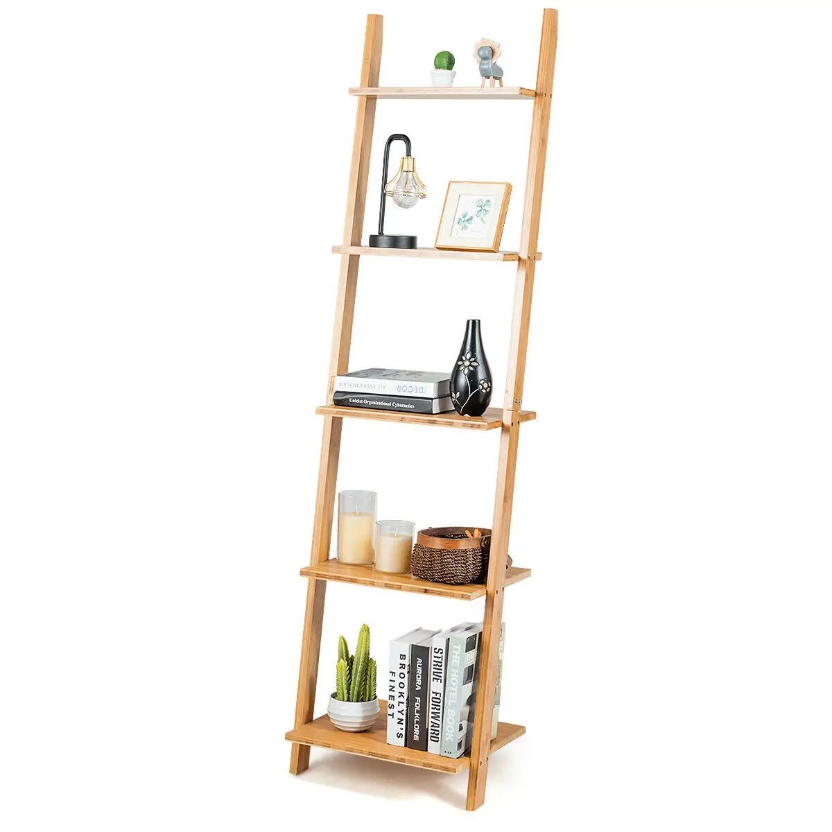 Five-Tier Bamboo Wall-Leaning Bookshelf Ladder DirectDeals natural bamboo finish five shelves on Tampa Home & Garden Store