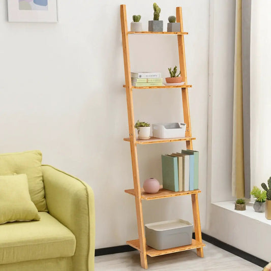 Five-Tier Bamboo Wall-Leaning Bookshelf Ladder natural bamboo finish DirectDeals display shelf with books and small plants on Tampa Home & Garden Store