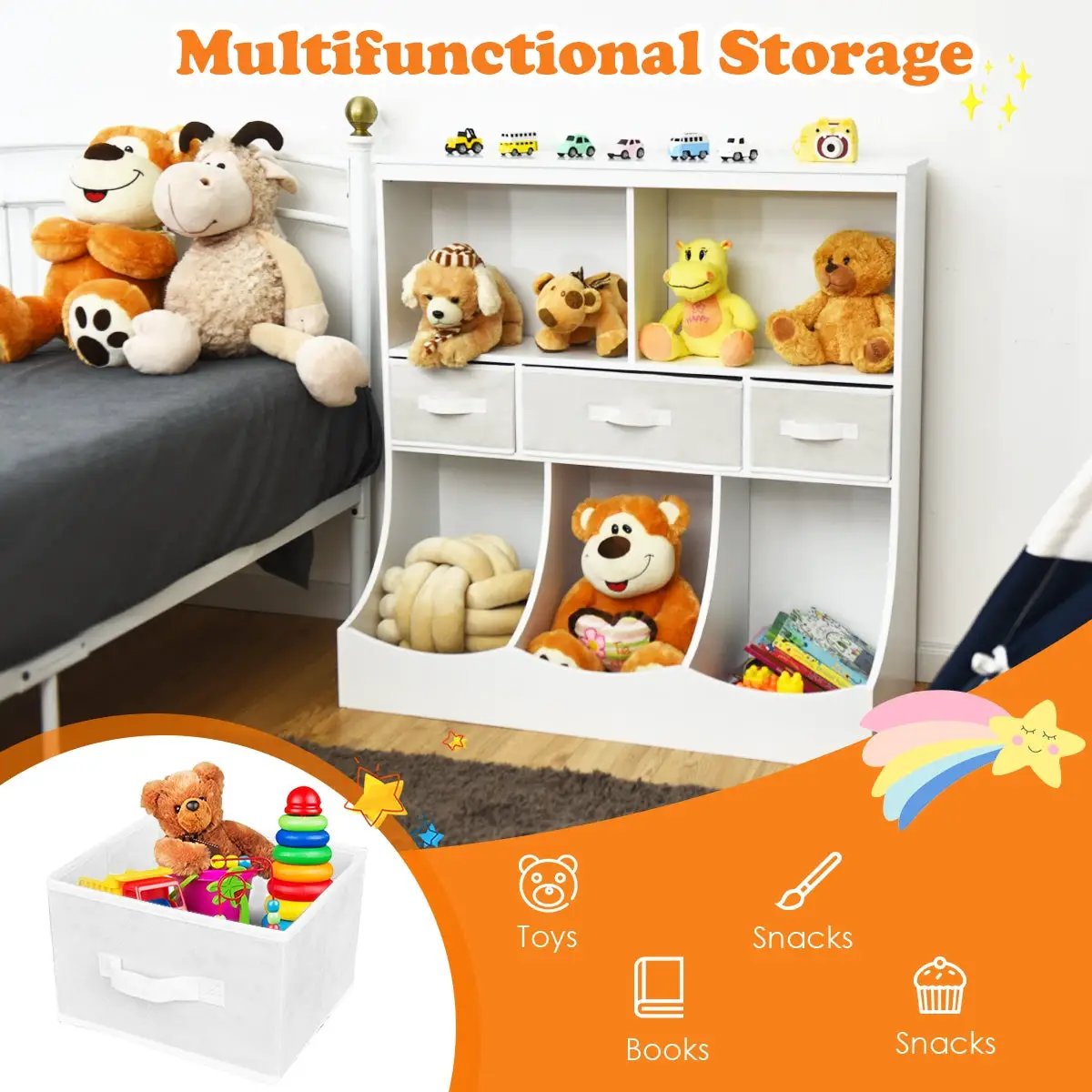 Freestanding cubby bin storage unit by DirectDeals in white with 3 fabric baskets, filled with plush toys on Tampa Home & Garden Store