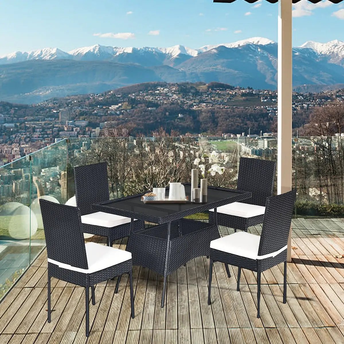 Rattan Patio Dining Set with Glass Top Cushions
