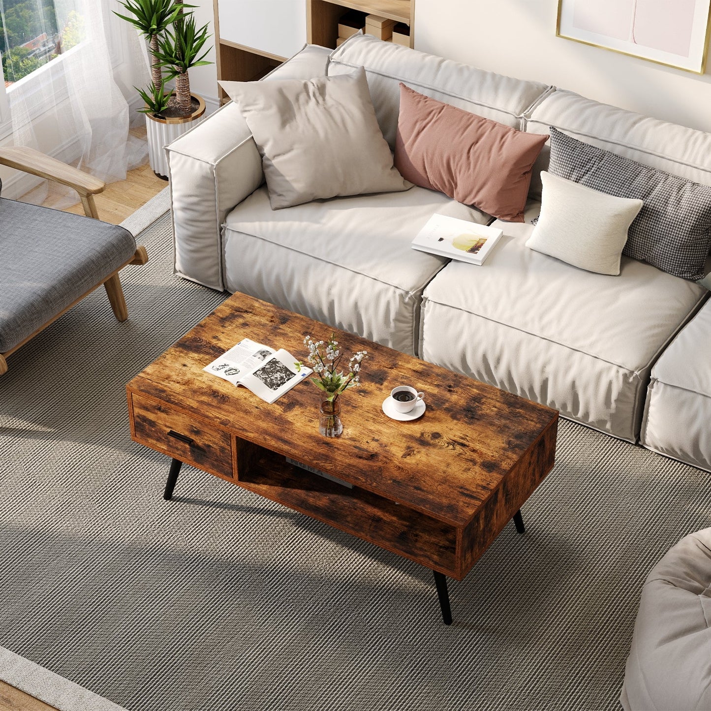 Mesa de centro rectangular retro con cajón y estante de almacenamiento - Marrón rústico