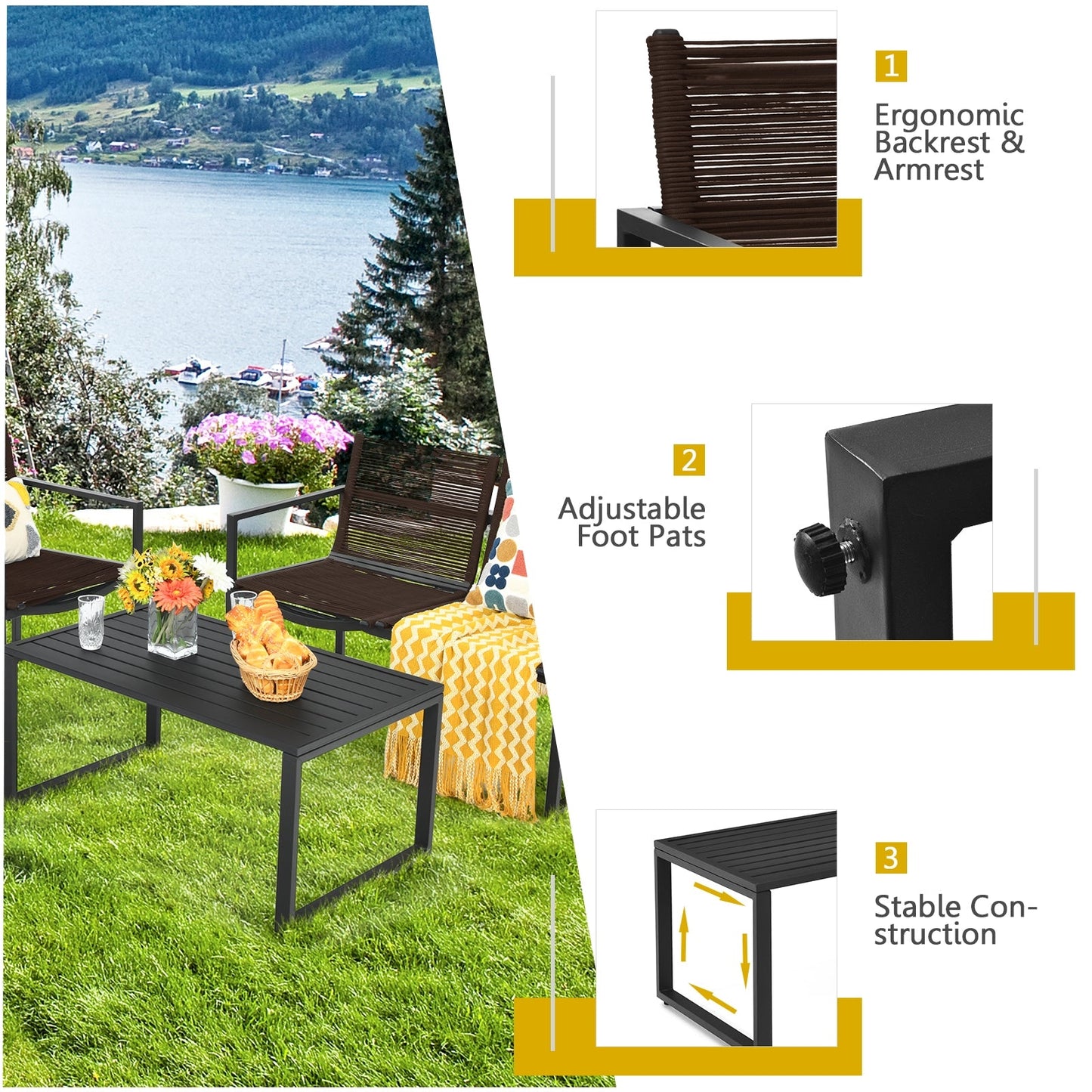 4-piece patio conversation set with sofa and loveseat in dark metal frame and slatted chairs on Tampa Home & Garden Store