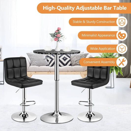 360 Degree Swivel Cocktail Table with Black Marble Top and Silver Base; two black tufted stools on Tampa Home & Garden Store