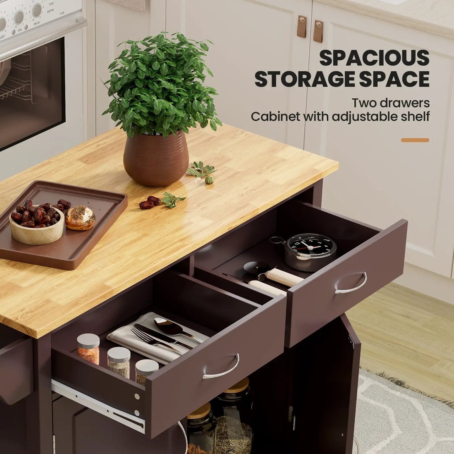 Rolling kitchen cart with brown wooden top, drawers with utensils, plant on cart on Tampa Home & Garden Store