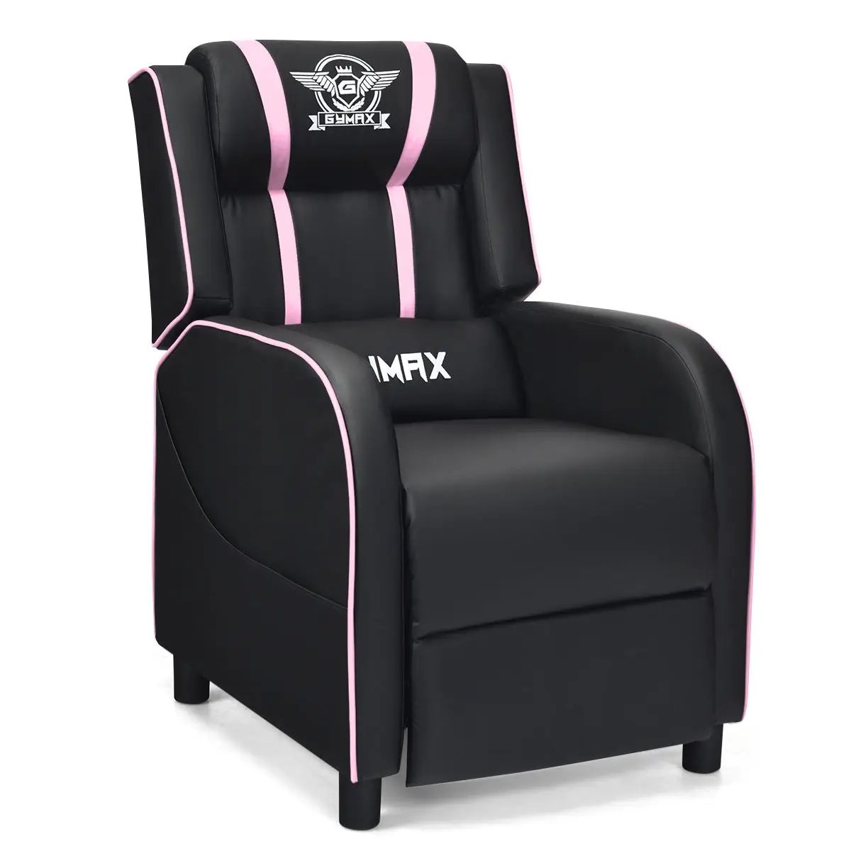 Massage racing gaming recliner chair in black leather with pink piping and IMAX logo on Tampa Home & Garden Store
