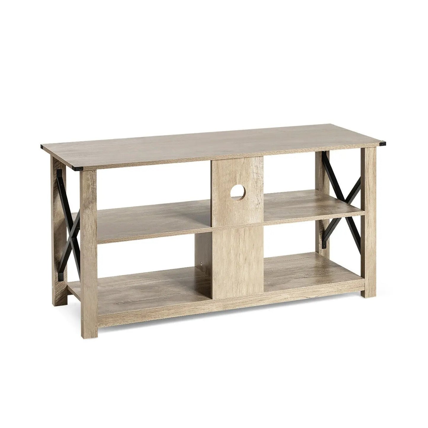 3-Tier wood TV stand for 55-inch TVs in natural oak with cable hole and black metal braces on Tampa Home & Garden Store