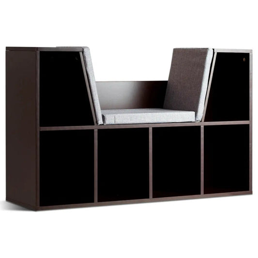 6-cubby kid storage bookcase with cushioned reading nook in espresso and gray cushions on Tampa Home & Garden Store