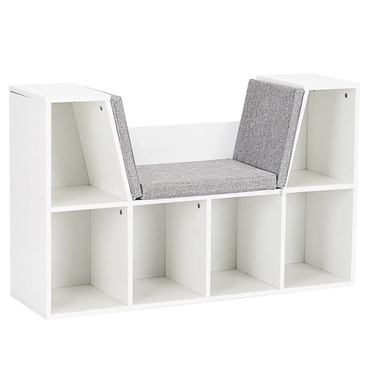 6-Cubby Kid Storage Bookcase Cushioned Reading Nook with white frame and gray cushions on Tampa Home & Garden Store