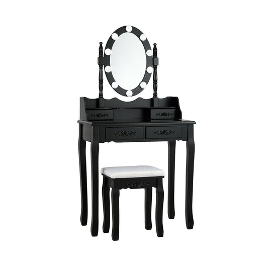 Tocador de Maquillaje con Espejo Iluminado con Interruptor Táctil y Taburete Acolchado-Negro