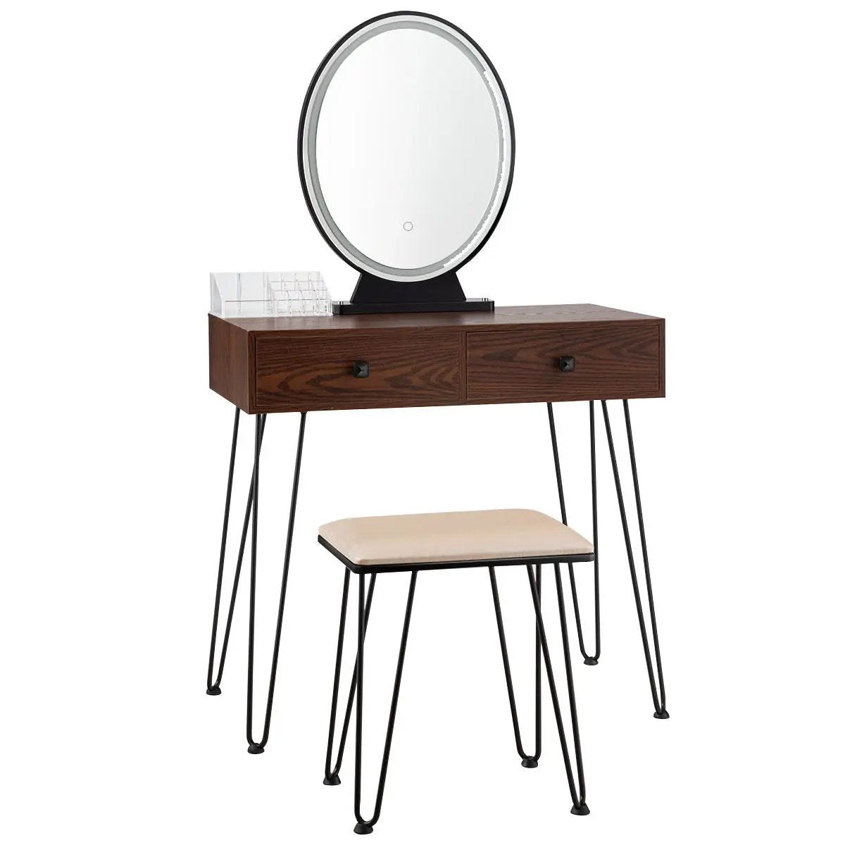 Industrial makeup table with round LED mirror, two drawers, hairpin legs, beige padded stool on Tampa Home & Garden Store