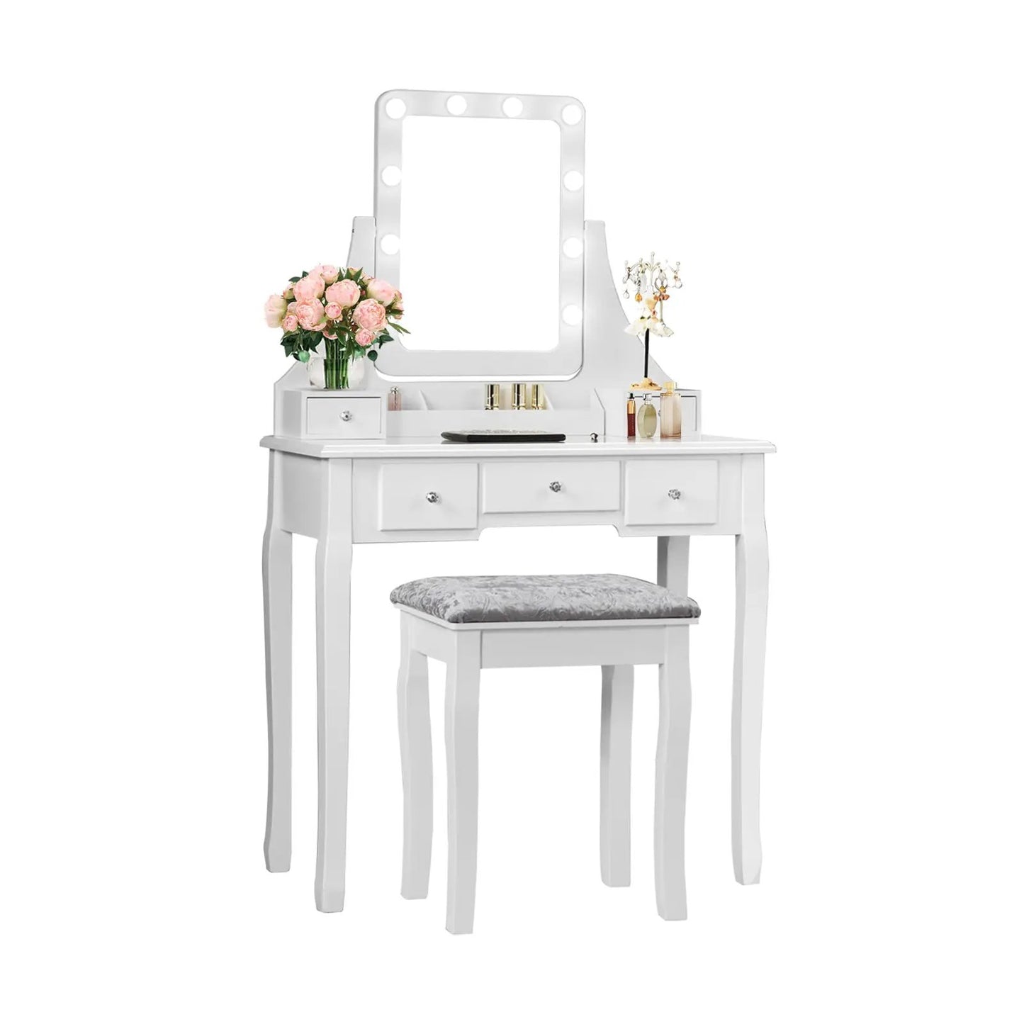 Vanity dressing table with 10 dimmable bulbs, white finish, cushioned stool, flowers and perfume on Tampa Home & Garden Store