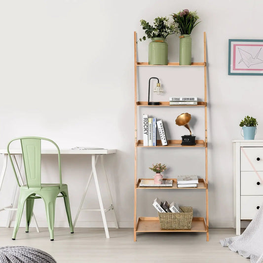 5-Tier Bamboo Wall-Leaning Ladder Shelf in natural finish with plants and books on Tampa Home & Garden Store