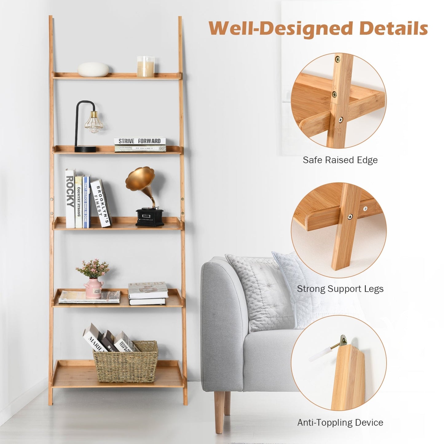 5-Tier Bamboo Ladder Shelf for Wall-Leaning by DirectDeals, natural bamboo, 5 shelves on Tampa Home & Garden Store