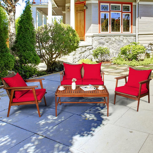 4 Piece Acacia Wood Patio Rattan Furniture Set-Red - Tampa Home & Garden Store