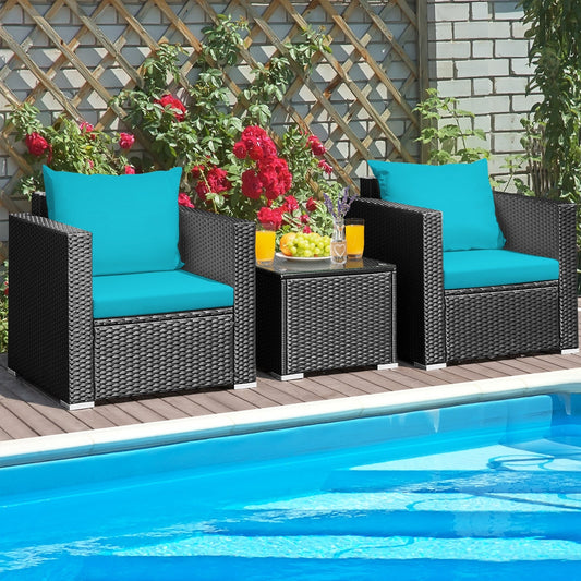 3 Pieces Patio Wicker Conversation Set-with Cushion-Turquoise - Tampa Home & Garden Store