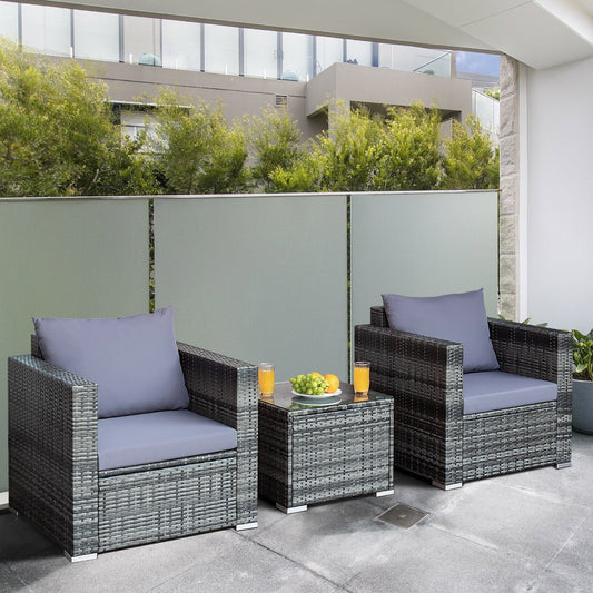 3 Pcs Patio Rattan Furniture Bistro Sofa Set with Cushioned-Gray - Tampa Home & Garden Store
