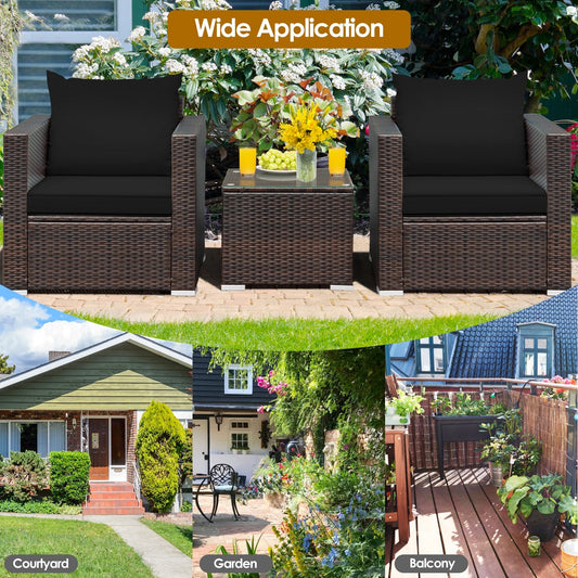 3 Pcs Patio Conversation Rattan Furniture Set with Cushion-Black - Tampa Home & Garden Store