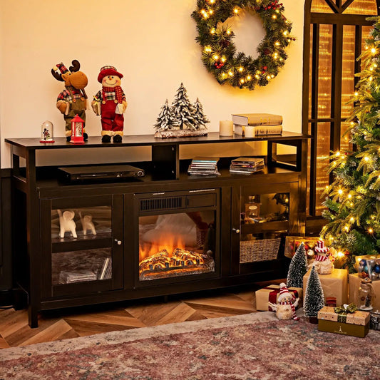 58 Inch black TV stand with two glass-door cabinets and electric fireplace insert on Tampa Home & Garden Store