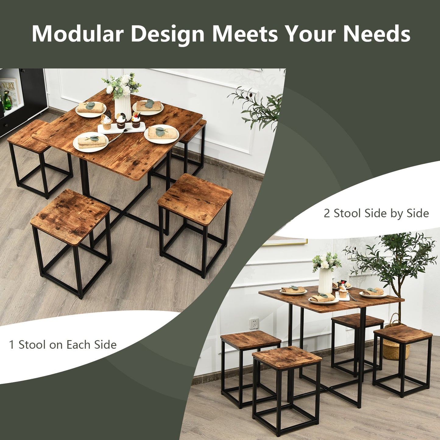 Walnut 5-Piece Metal Frame Dining Set with Table – wood top, black metal legs, 4 stools on Tampa Home & Garden Store