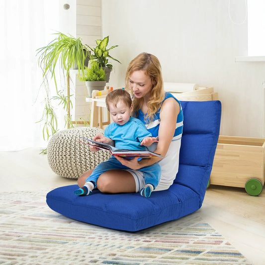 Fourteen Position Adjustable Folding Gaming Sofa blue floor chair in bright living room on Tampa Home & Garden Store