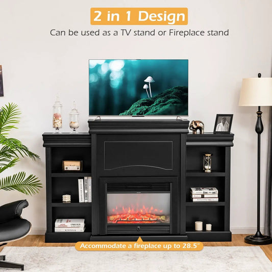 70 Inch Modern Fireplace Media Center Bookcase black with TV stand and built-in fireplace on Tampa Home & Garden Store