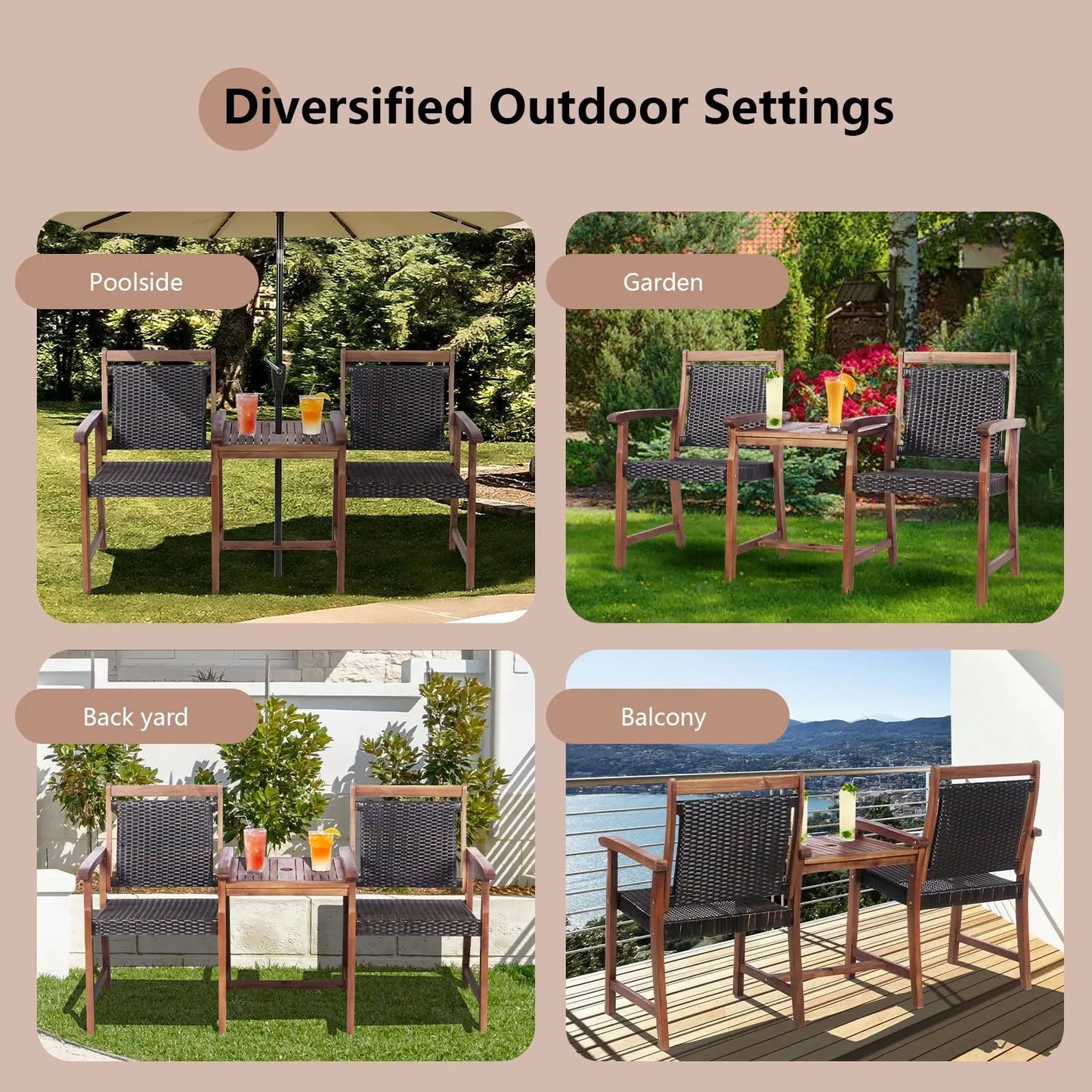 2-seat patio set: acacia wood with black rattan chairs and table pool Tampa Home & Garden Store on Tampa Home & Garden Store