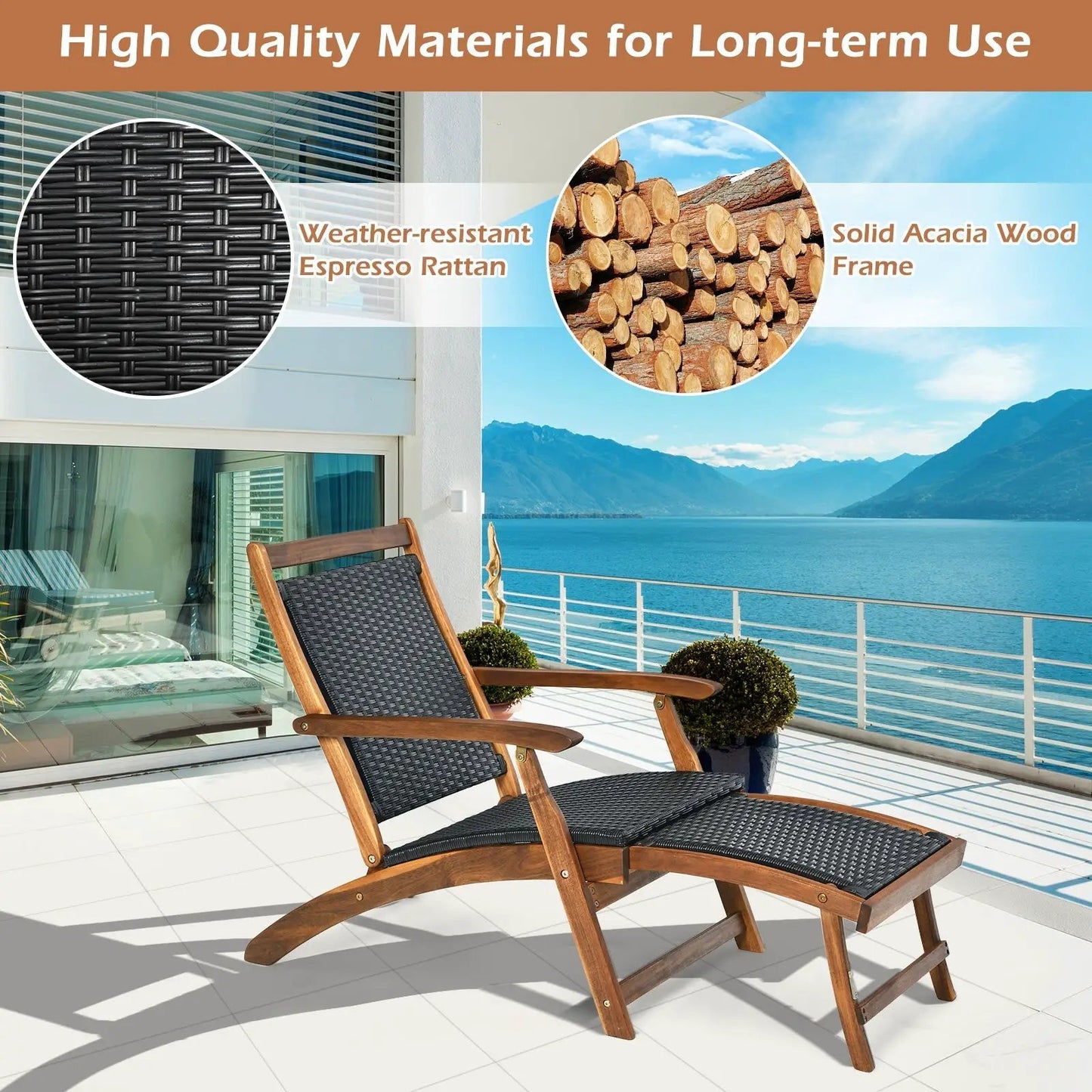 Patio rattan folding lounge chairs with footrests, espresso weave and acacia wood frames on Tampa Home & Garden Store