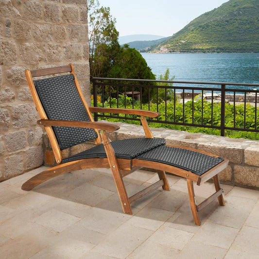 Patio Rattan Folding Lounge Chair with Acacia Wooden Frame Retractable Footrest - Tampa Home & Garden Store