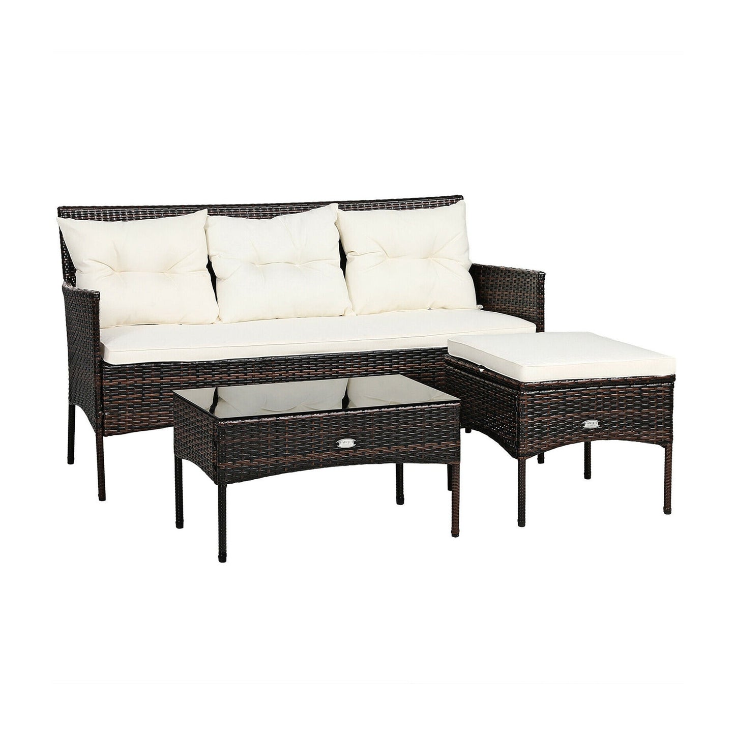 3 Piece Patio Sectional Set in dark brown wicker with white cushions; table and ottoman on Tampa Home & Garden Store