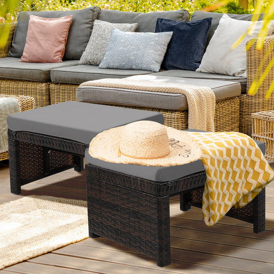 2 Pieces Patio Rattan Ottomans with Soft Cushion for Patio and Garden - Tampa Home & Garden Store