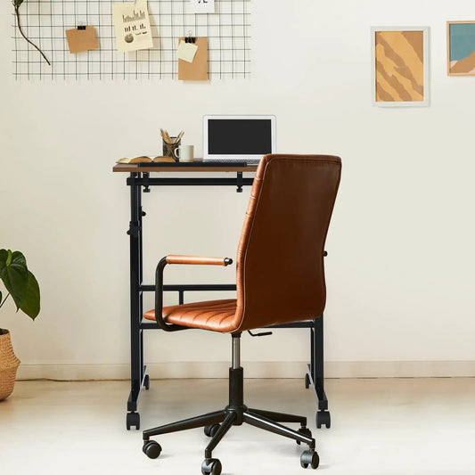 Mobile standing adjustable desk with walnut top and black frame on wheels on Tampa Home & Garden Store