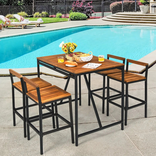 5 Pieces Outdoor Acacia Wood and PE Rattan Bar Set - Tampa Home & Garden Store