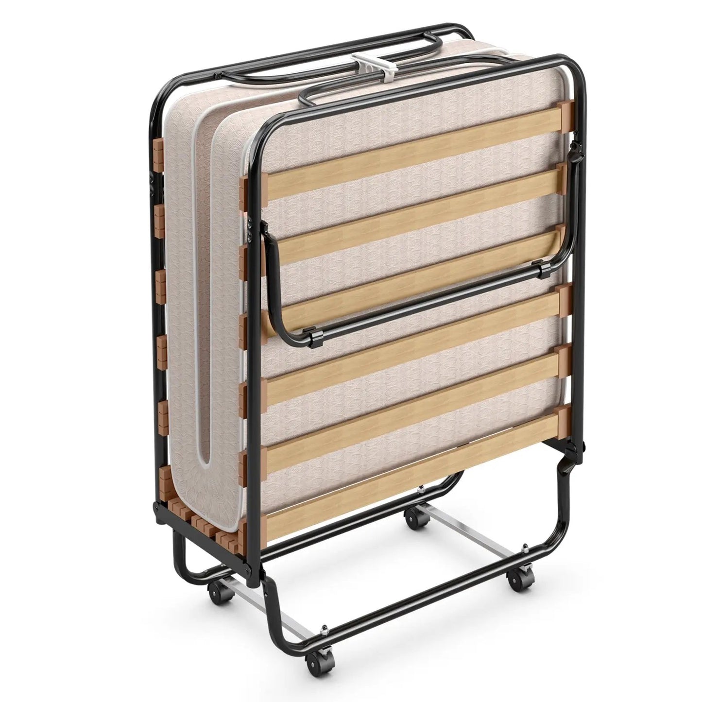 DirectDeals Portable Folding Bed with memory foam mattress on black metal frame with wheels on Tampa Home & Garden Store