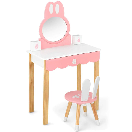 Kids vanity set rabbit makeup table with drawer, pink white, wooden legs, mirror and stool on Tampa Home & Garden Store