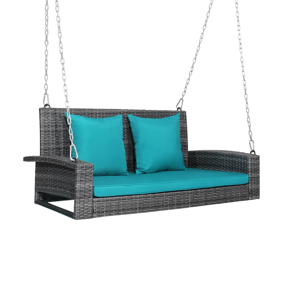 Two-person rattan porch swing with teal cushions and hanging chains on Tampa Home & Garden Store