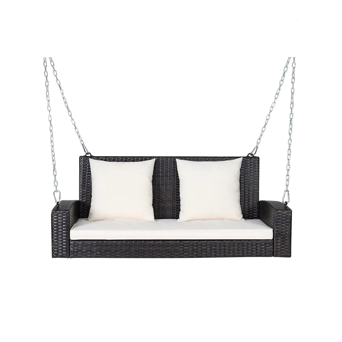 Two-person patio rattan porch swing with white cushions on dark brown wicker on Tampa Home & Garden Store