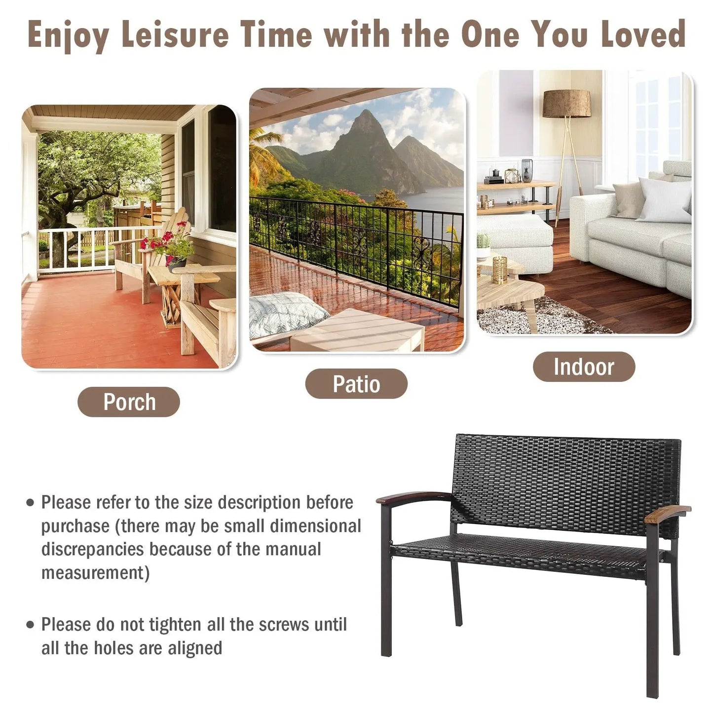 Outdoor Patio Rattan Wicker Bench With Armrest, natural brown wicker, three views on Tampa Home & Garden Store