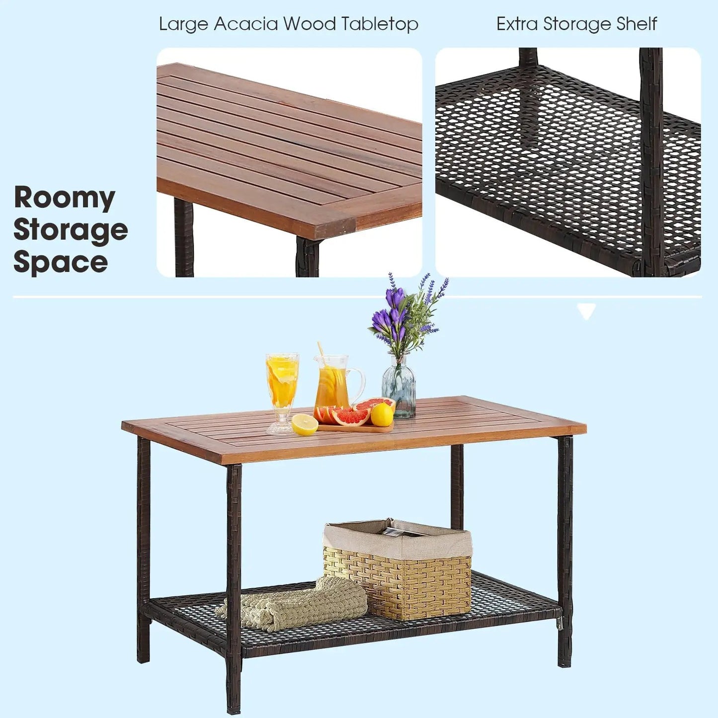 4-Piece patio acacia rattan set with cushions, brown wood tabletop and shelf on Tampa Home & Garden Store