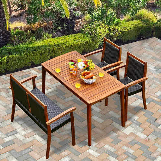 Acacia Wood Patio Rattan Dining Set 4 Piece with brown wood and black woven chairs on Tampa Home & Garden Store