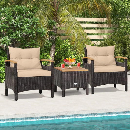 3 Pieces Patio Rattan Furniture Set with Removable Cushions-Beige - Tampa Home & Garden Store