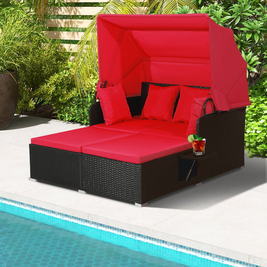Patio Rattan Daybed with Retractable Canopy and Side Tables-Red - Tampa Home & Garden Store