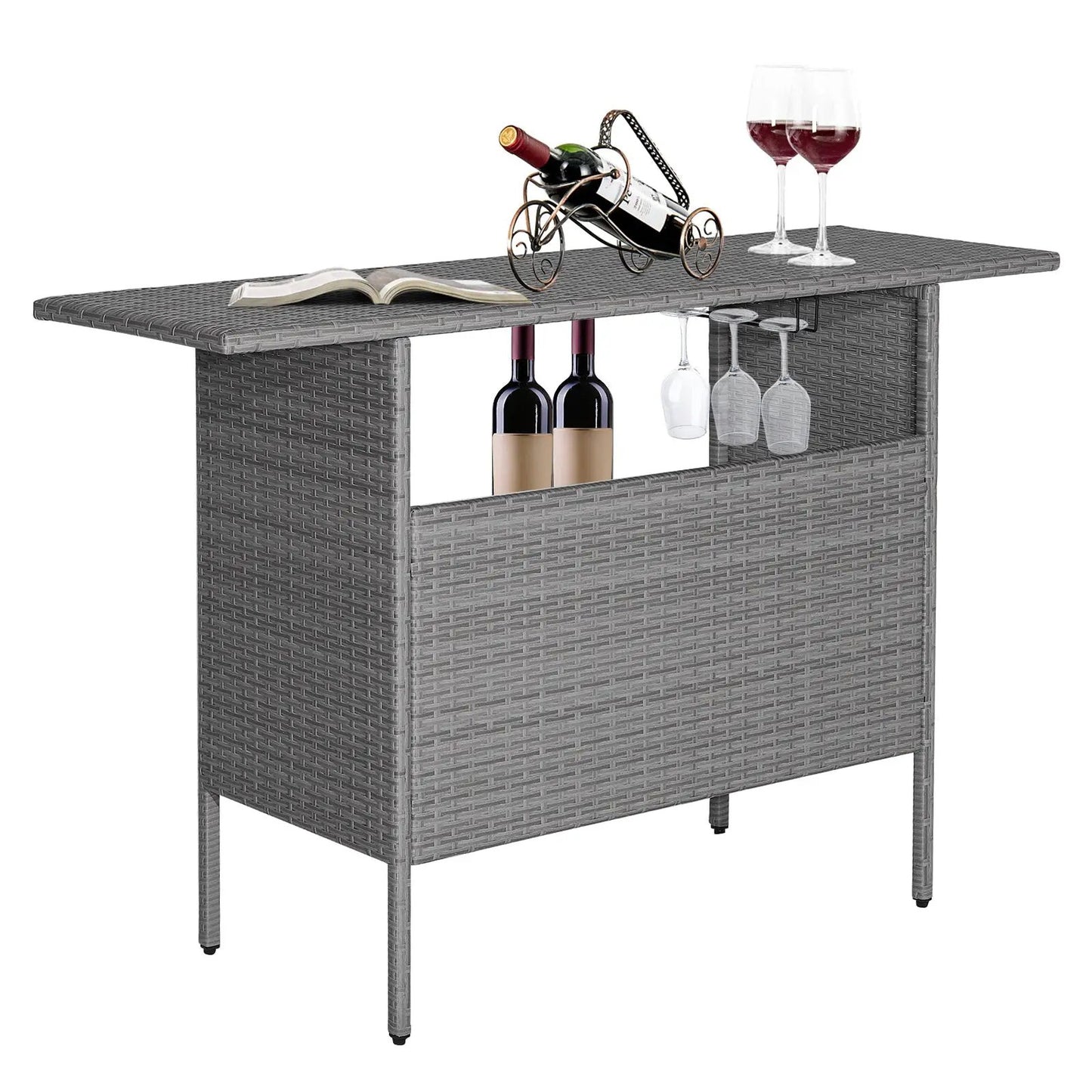 DirectDeals gray wicker outdoor bar table with metal shelves and hanging glass rack on Tampa Home & Garden Store