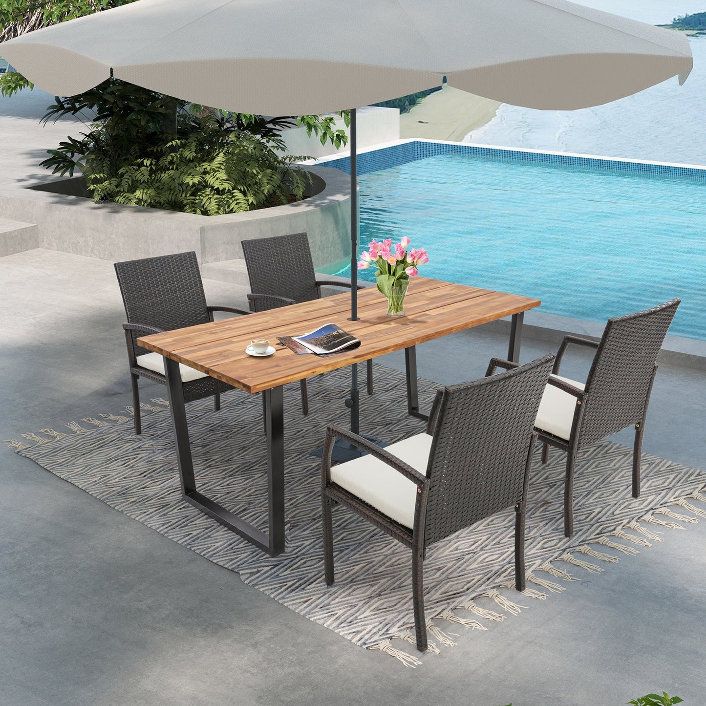 Mesa de comedor para exteriores de madera de acacia para 6 personas con orificio para sombrilla de 5 cm