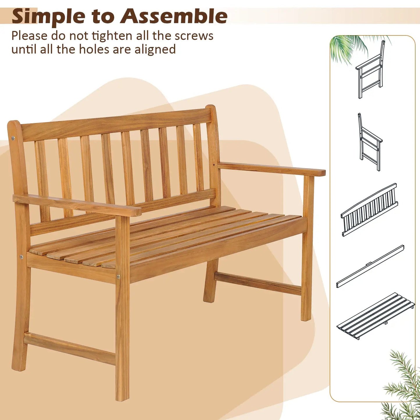 Two Person Acacia Wood Bench with Backrest in natural finish for outdoor use on Tampa Home & Garden Store