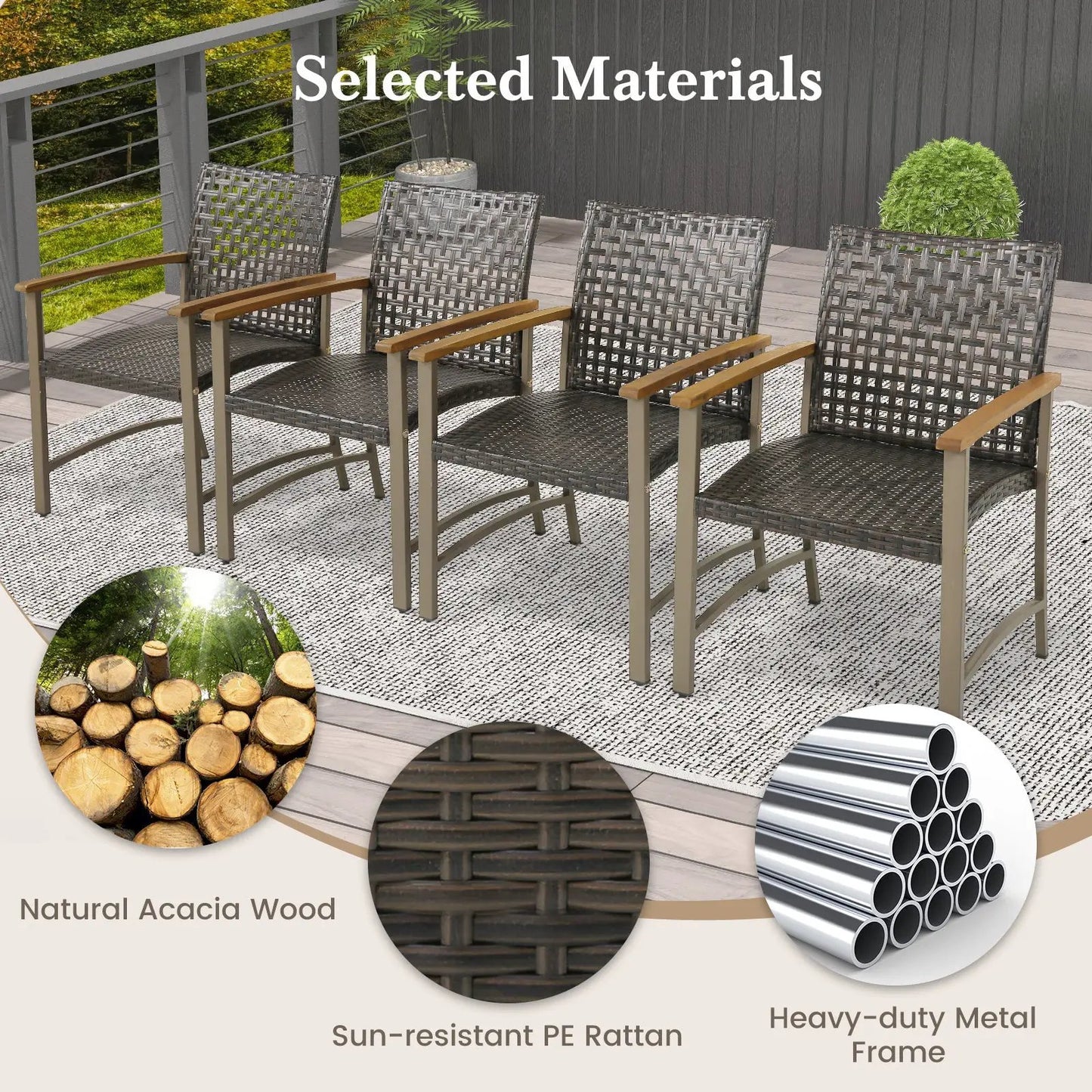 Set of 4 patio rattan dining chairs with natural acacia wood armrests on metal frame on Tampa Home & Garden Store